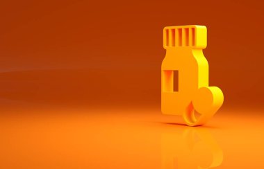 Sarı ilaç şişesi ve turuncu arka planda izole edilmiş hap ikonu. Şişe hapı işareti. Eczane tasarımı. Minimalizm kavramı. 3d illüstrasyon 3B canlandırma.