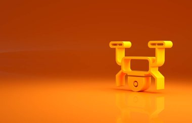 Sarı İHA uçan ikonu turuncu arka planda izole edildi. Video ve fotoğraf makinesi sembollü dörtlü helikopter. Minimalizm kavramı. 3d illüstrasyon 3B canlandırma.