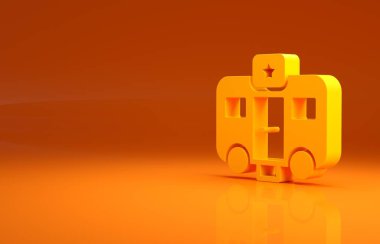 Turuncu arka planda izole edilmiş aktörler için Sarı Makine karavan soyunma odası. Film ekibi tuvaleti. Yıldız yatağı. Film aracı. Minimalizm kavramı. 3d illüstrasyon 3B canlandırma.