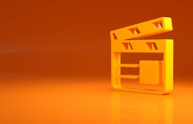 Sarı Film alkış simgesi turuncu arkaplanda izole edildi. Film alkışlama tahtası. Alkış tahtası işareti. Sinema yapımı ya da medya endüstrisi. Minimalizm kavramı. 3d illüstrasyon 3d canlandırma.