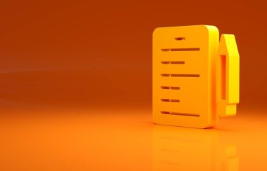 Sarı Senaryo simgesi turuncu arkaplanda izole edildi. Sanat projeleri, filmler, tiyatrolar için senaryo okuma konsepti. Minimalizm kavramı. 3d illüstrasyon 3B canlandırma.