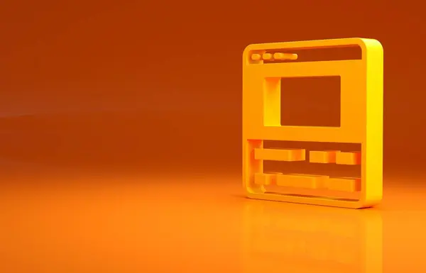 在橙色背景下隔离的笔记本电脑图标上的黄色录像机或编辑器软件 笔记本电脑上的视频编辑 最低纲领的概念 3D渲染3D插图 — 图库照片