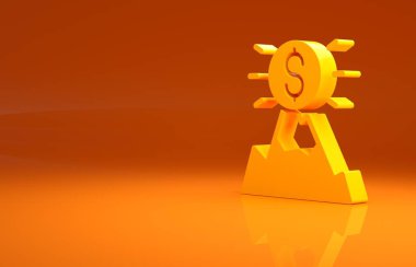 Sarı Dağlar ve turuncu arka planda izole edilmiş bayrak simgesi. Zaferin ya da başarının sembolü. Gol başarısı. Minimalizm kavramı. 3d illüstrasyon 3B canlandırma.