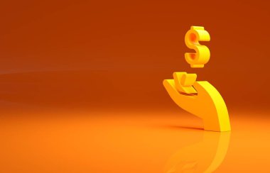 Sarı El, para ikonunu turuncu arka planda tutuyor. Dolar ya da USD sembolü. Nakit bankacılık tabelası. Minimalizm kavramı. 3d illüstrasyon 3B canlandırma.