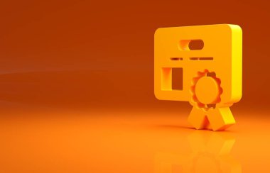 Sarı Sertifika şablon ikonu turuncu arkaplanda izole edildi. Başarı, ödül, diploma, burs, diploma kavramları. Minimalizm kavramı. 3d illüstrasyon 3B canlandırma.