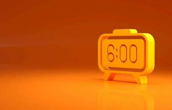 Yellow Digital alarm clock icon isolated on orange background. Electronic watch alarm clock. Time icon. Minimalism concept. 3d illustration 3D render.