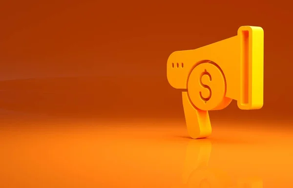 Žlutý Megafon Dolar Ikona Izolované Oranžovém Pozadí Koncept Hlasité Výstrahy — Stock fotografie