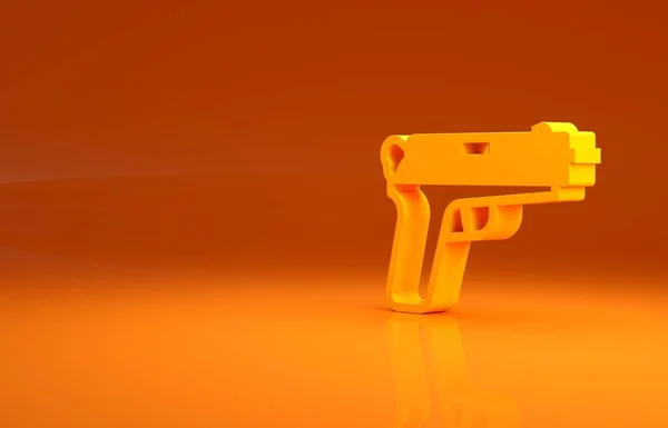 オレンジの背景に黄色のピストルまたは銃アイコンが隔離されています 警察や軍の拳銃 小火器だ 最小限の概念 3Dイラスト3Dレンダリング — ストック写真