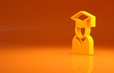 Sarı mezuniyet ve mezuniyet şapkası simgesi turuncu arka planda izole edilmiş. Minimalizm kavramı. 3d illüstrasyon 3B canlandırma.