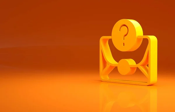 オレンジ色の背景にクエスチョンマークのアイコンがある黄色のエンベロープ 疑問符記号付きの手紙 メールでリクエストを送信します 最小限の概念 3Dイラスト3Dレンダリング — ストック写真