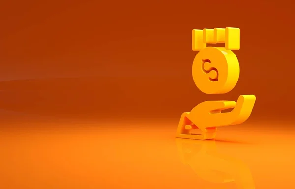 Żółte Monety Wyciągnięcie Ręki Ikona Płacy Minimalnej Izolowana Pomarańczowym Tle — Zdjęcie stockowe