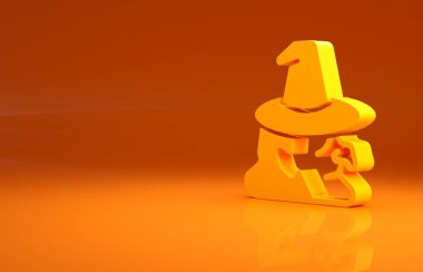 Sarı Cadı simgesi turuncu arkaplanda izole edilmiş. Mutlu Cadılar Bayramı Partisi. Minimalizm kavramı. 3d illüstrasyon 3B canlandırma.