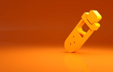 Turuncu arka planda ikon ikonu olan sarı şişe. Sihirli iksirli matara. Mutlu Cadılar Bayramı Partisi. Minimalizm kavramı. 3d illüstrasyon 3B canlandırma.