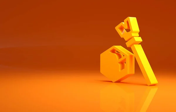 Żółta Ikona Sześcianu Izometrycznego Odizolowana Pomarańczowym Tle Geometryczna Ikona Kostek — Zdjęcie stockowe