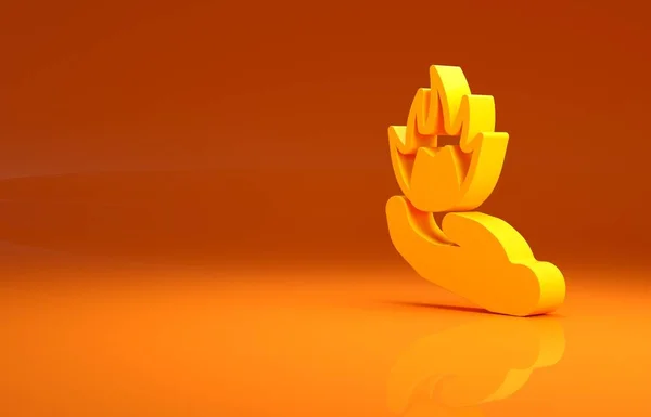 Gul Hand Håller Brand Ikon Isolerad Orange Bakgrund Minimalistiskt Koncept — Stockfoto