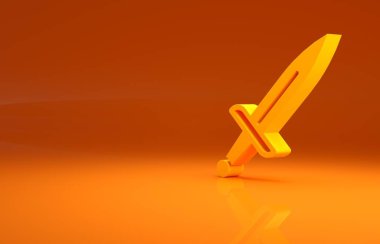 Sarı Hançer sembolü turuncu arka planda izole edildi. Bıçak ikonu. Keskin bıçaklı kılıç. Minimalizm kavramı. 3d illüstrasyon 3B canlandırma.