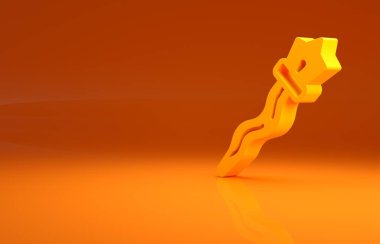 Sarı büyü simgesi turuncu arka planda izole edildi. Sihirli değnek, asa, değnek, değnek. Minimalizm kavramı. 3d illüstrasyon 3B canlandırma.