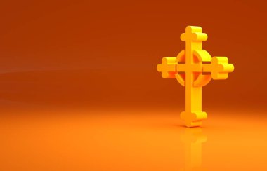 Sarı Hristiyan haç simgesi turuncu arka planda izole edildi. Kilise haçı. Minimalizm kavramı. 3d illüstrasyon 3B canlandırma.