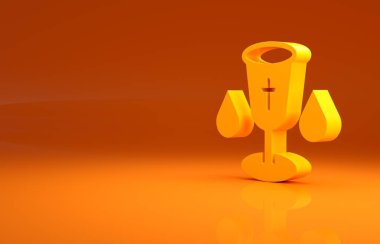 Sarı Hıristiyan kadeh ikonu turuncu arka planda izole edildi. Hıristiyanlık ikonu. Mutlu Paskalyalar. Minimalizm kavramı. 3d illüstrasyon 3d canlandırma.