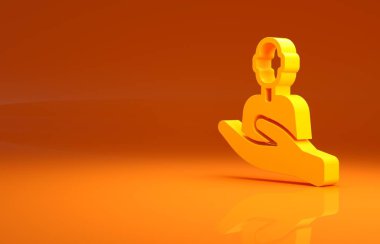 Turuncu arka planda izole edilmiş insanlara yönelik sarı bakım. Müşteri hizmetleri tabelası. Hasta bakımı ikonu. Servis desteği. Minimalizm kavramı. 3d illüstrasyon 3B canlandırma.