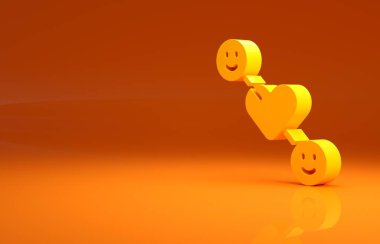 Turuncu arka planda izole edilmiş sarı romantik ilişki ikonu. Romantik ilişki mi yoksa hoş bir tanışma konsepti mi? Minimalizm kavramı. 3d illüstrasyon 3B canlandırma.