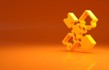 Sarı yapboz parçaları, turuncu arka planda izole edilmiş oyuncak ikonu. Minimalizm kavramı. 3d illüstrasyon 3B canlandırma.