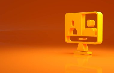 Sarı görüntülü sohbet konferansı ikonu turuncu arkaplanda izole edildi. Ekranda görüntülü sohbet arayüzü olan bilgisayar. Minimalizm kavramı. 3d illüstrasyon 3B canlandırma.