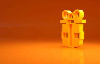 Sarı hediye kutusu simgesi turuncu arka planda izole edilmiş. Doğum günün kutlu olsun. Minimalizm kavramı. 3d illüstrasyon 3B canlandırma.