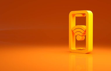 Turuncu arka planda ücretsiz kablosuz bağlantı ikonu olan sarı akıllı telefon. Kablosuz teknoloji, kablosuz bağlantı, kablosuz ağ. Minimalizm kavramı. 3d illüstrasyon 3B canlandırma.