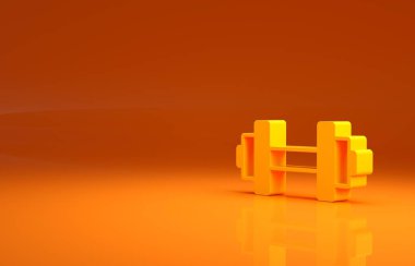 Sarı Dumbbell simgesi turuncu arkaplanda izole edilmiş. Kas kaldırma, fitness halteri, spor malzemeleri. Minimalizm kavramı. 3d illüstrasyon 3B canlandırma.