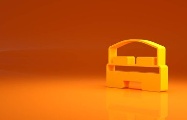 Sarı otel odası yatak ikonu turuncu arka planda izole edilmiş. Minimalizm kavramı. 3d illüstrasyon 3B canlandırma.