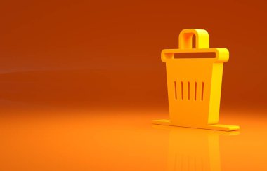 Sarı Çöp kutusu simgesi turuncu arkaplanda izole edildi. Çöp kutusu tabelası. Sepet simgesini geri dönüştür. Ofis çöpü ikonu. Minimalizm kavramı. 3d illüstrasyon 3B canlandırma.