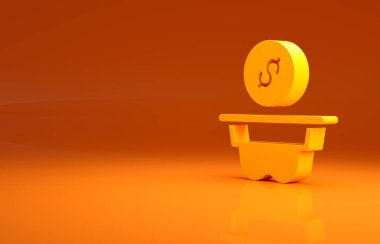 Sarı Bağış para ikonu turuncu arka planda izole edildi. Bağış sembolü olarak el ile para verin. Para ve bağış konsepti. Minimalizm kavramı. 3d illüstrasyon 3B canlandırma.