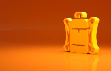 Sarı Yürüyüş sırt çantası ikonu turuncu arka planda izole edildi. Kamp ve dağ gezisi sırt çantası. Minimalizm kavramı. 3d illüstrasyon 3B canlandırma.