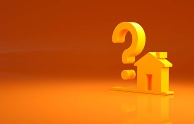 Turuncu arka planda soru işareti simgesi olan sarı ev. Konut sorunları, sorular. Minimalizm kavramı. 3d illüstrasyon 3B canlandırma.