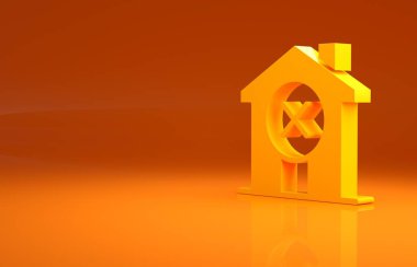 Sarı. Turuncu arka planda ev simgesi yok. Emlakçı ya da köy elit sınıfı. Minimalizm kavramı. 3d illüstrasyon 3B canlandırma.