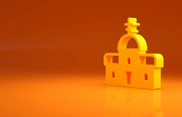 Yellow Church building icon isolated on orange background. Christian Church. Religion of church. Minimalism concept. 3d illustration 3D render.