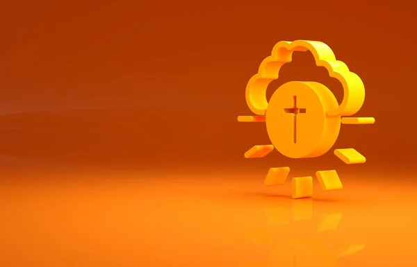 黄色的宗教十字架在圆形图标孤立在橙色的背景上 上帝的爱 天主教和基督教的象征 人们为爱与和平祈祷 最低纲领的概念 3D渲染3D插图 — 图库照片