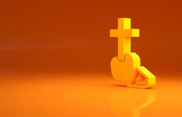 Yellow Christian Cross Icon Isolated Orange Background Church Cross Minimalism — Stock Photo, Image