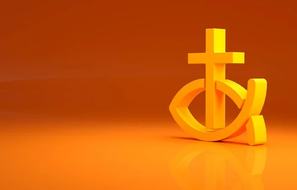 黄色的基督教鱼象征图标孤立在橙色的背景 耶稣鱼的象征 最低纲领的概念 3D渲染3D插图 — 图库照片