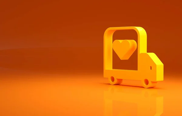 Yellow Delivery truck with heart icon isolated on orange background. Love delivery truck. Love truck valentines day. Minimalism concept. 3d illustration 3D render.
