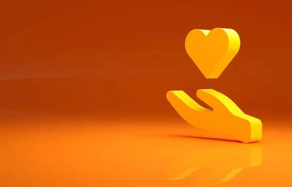 Κίτρινη Καρδιά Στο Χέρι Εικονίδιο Απομονώνονται Πορτοκαλί Φόντο Χέρι Που — Φωτογραφία Αρχείου