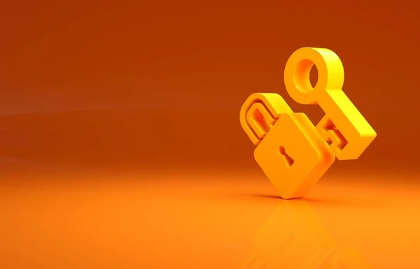 Gele Lock Met Sleutelpictogram Geïsoleerd Oranje Achtergrond Liefdessymbool Sleutelgat Teken — Stockfoto