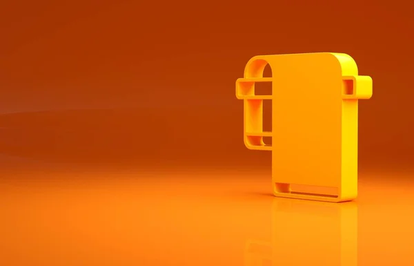 黄色毛巾挂在衣架图标上 用橙色背景隔开 浴室毛巾图标 最低纲领的概念 3D渲染3D插图 — 图库照片