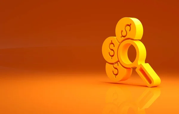 Amarelo Procurar Ícone Dinheiro Isolado Fundo Laranja Conceito Minimalismo Ilustração — Fotografia de Stock
