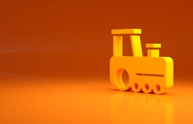 Sarı oyuncak tren ikonu turuncu arka planda izole edildi. Minimalizm kavramı. 3d illüstrasyon 3B canlandırma.