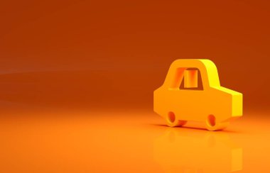 Sarı oyuncak araba ikonu turuncu arka planda izole edildi. Minimalizm kavramı. 3d illüstrasyon 3B canlandırma.