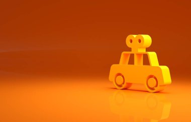 Sarı oyuncak araba ikonu turuncu arka planda izole edildi. Minimalizm kavramı. 3d illüstrasyon 3B canlandırma.