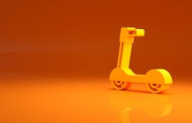 Turuncu arka planda izole edilmiş çocuk ikonu için sarı tekerlekli scooter. Motoru tekmele ya da dengeli sür. Minimalizm kavramı. 3d illüstrasyon 3B canlandırma.