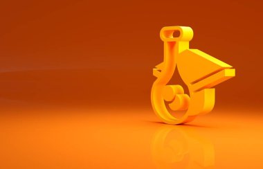 Sarı mezuniyet başlığı simgesi turuncu arka planda izole edildi. Tassel ikonlu mezuniyet şapkası. Minimalizm kavramı. 3d illüstrasyon 3B canlandırma.